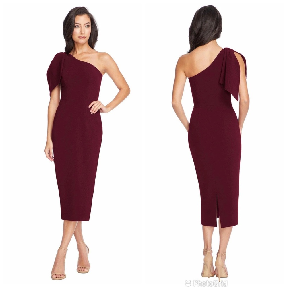 DRESS THE POPULATION TIffany Burgundy One Shoulder Midi Dress Cocktail Party New
